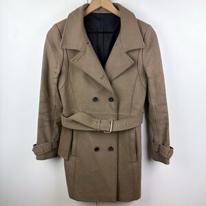 The Kooples Wool Double Breasted Belted Pea Coat Jacket Taupe Tan Brown 36 Small